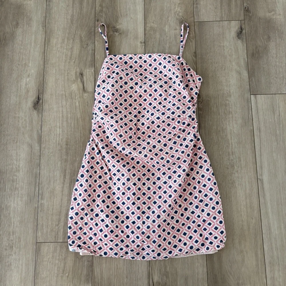 LuLu's Women's Charming Desire Pink Geo Print Ruched Sleeveless Mini Dress SZ L